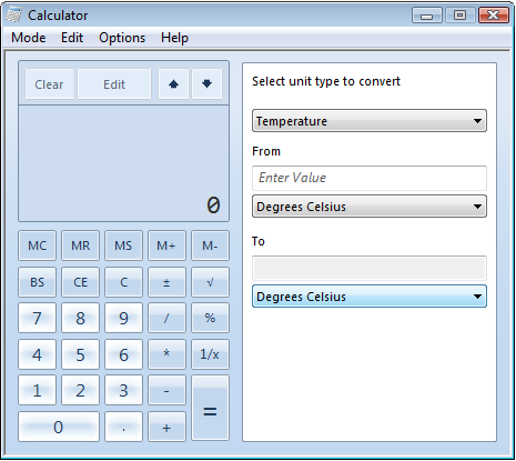 Unit conversion with windows 7 calculator