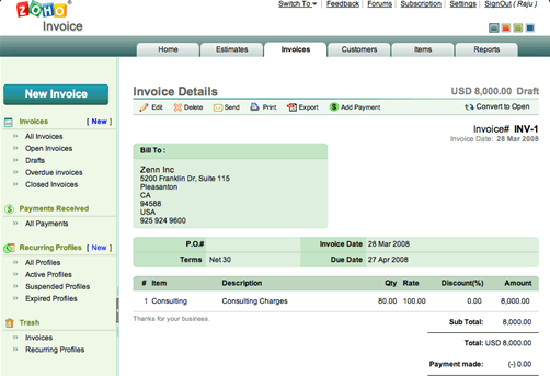 Zoho invoice