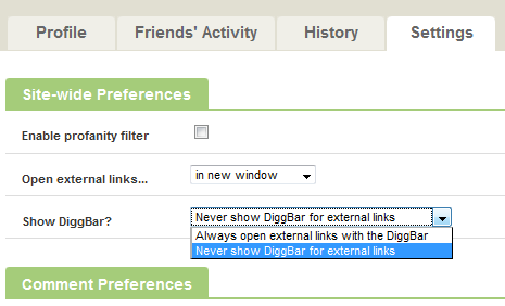 Turn off Diggbar from Viewing Preferences in Digg Profile settings